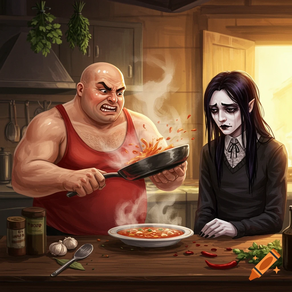 A bald, muscular man angrily flips a pan of soup in a kitchen, while a sad goth person looks down.