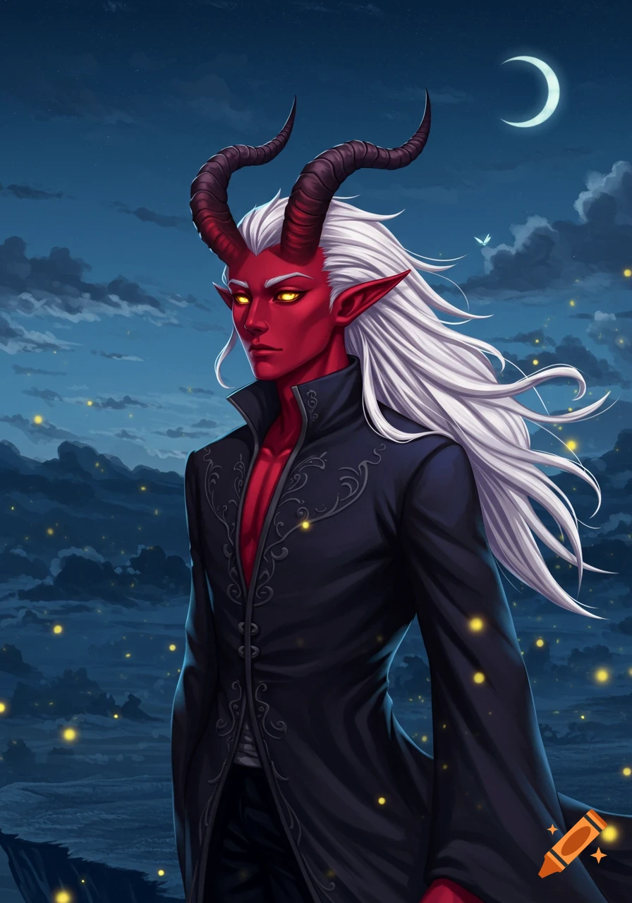 A red-skinned demon man with long white hair, yellow eyes, and curly horns, wearing a black coat, stands against a night sky with a crescent moon in anime style.