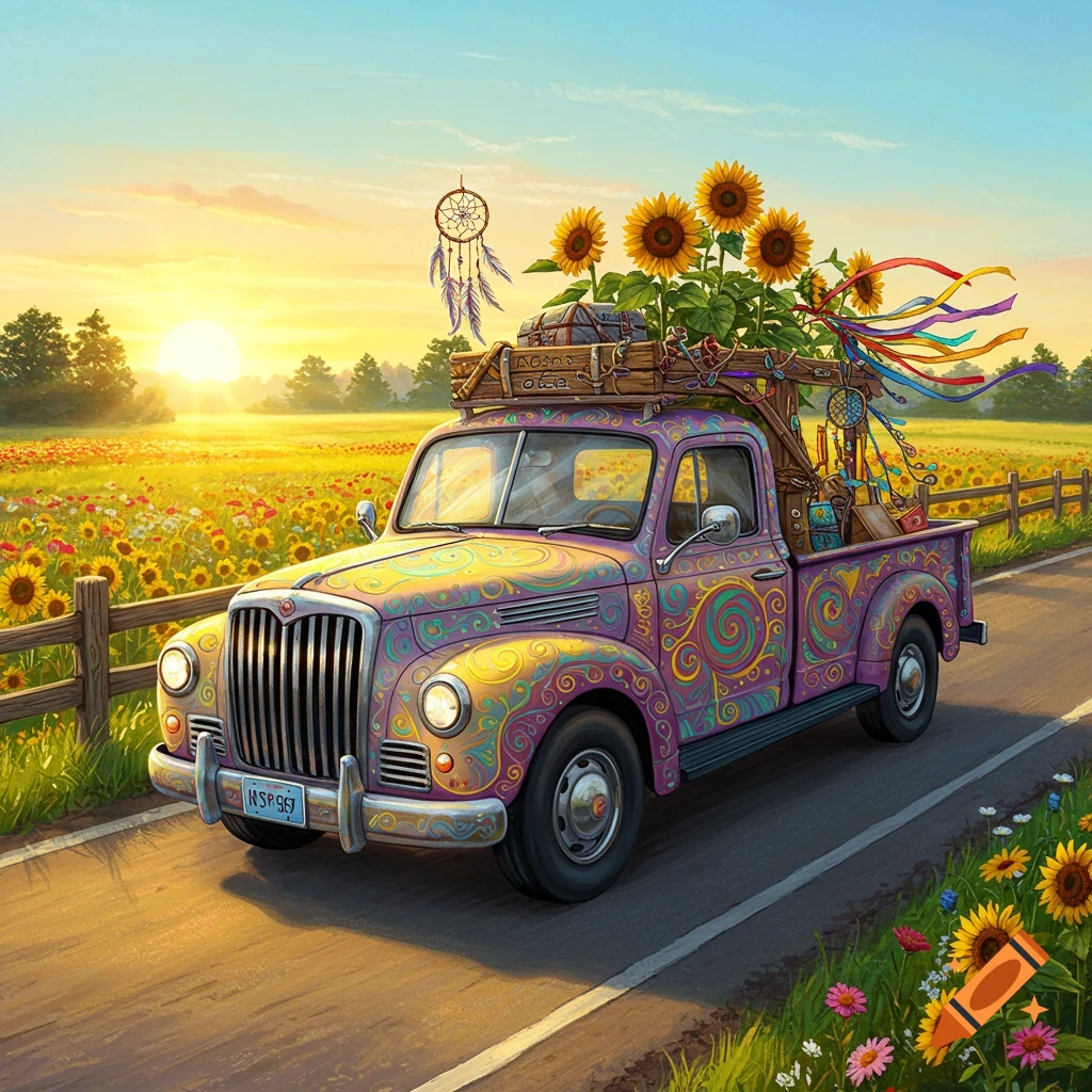 A colorful, hippie-style purple truck with sunflowers and luggage on its roof rack drives down a road beside a field of sunflowers at sunset.