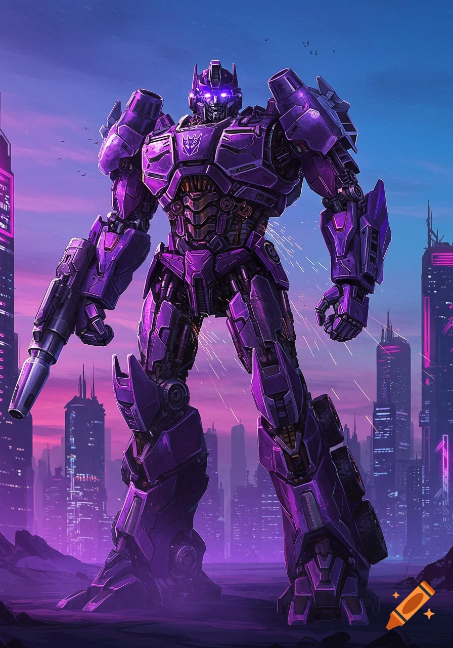 A powerful purple Transformer robot stands in a futuristic cyberpunk city with neon lights at dusk.