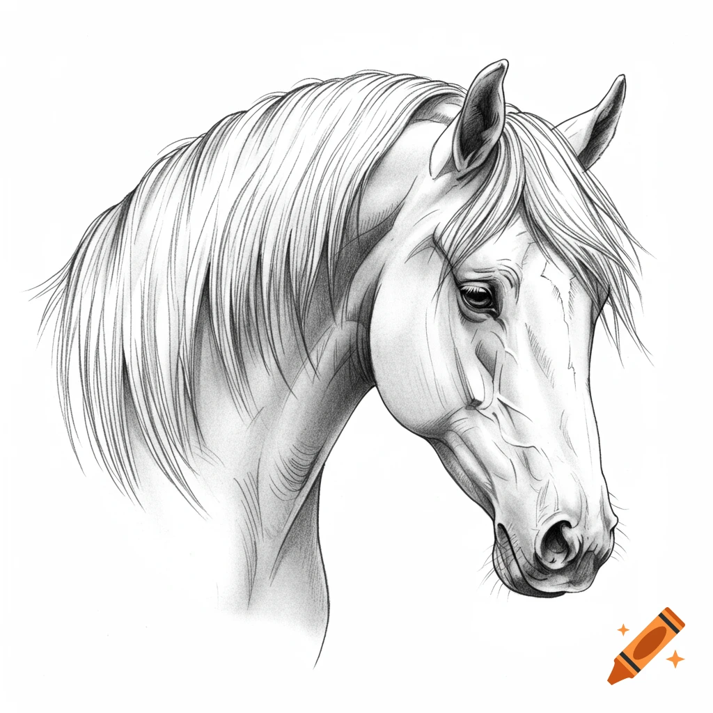 Detailed pencil drawing of a white horse's head and neck, looking down.