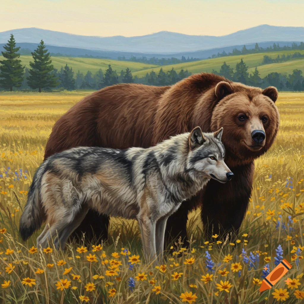 A gray wolf stands beside a brown bear in a field of wildflowers with hills and trees in the background, painted in a realistic style.