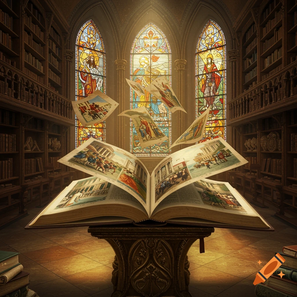 A magical open book with illustrations floating from its pages in a grand, sunlit library with stained glass windows.