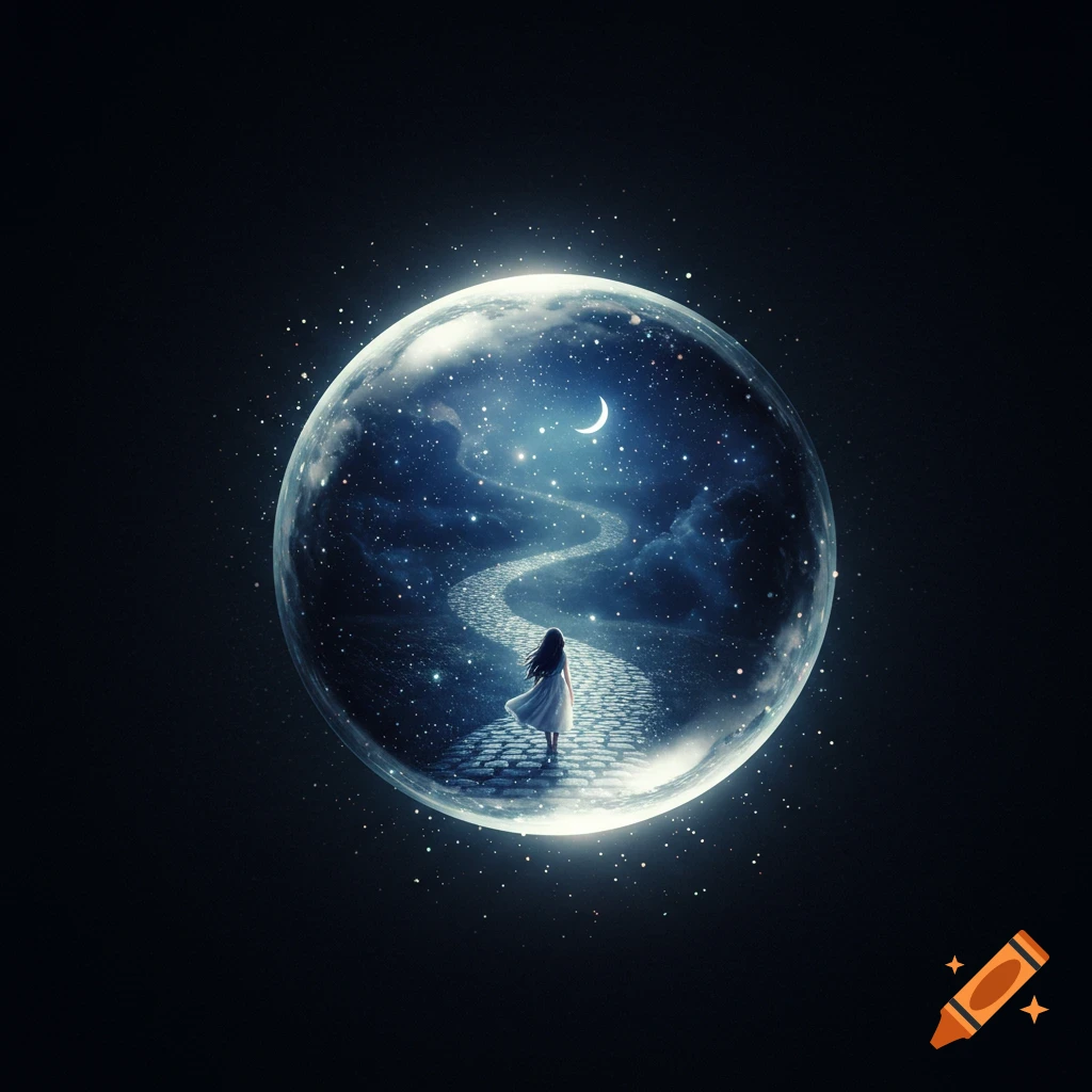 A girl walks on a path made of stars inside a glowing crystal ball against a dark, starry background with a crescent moon.