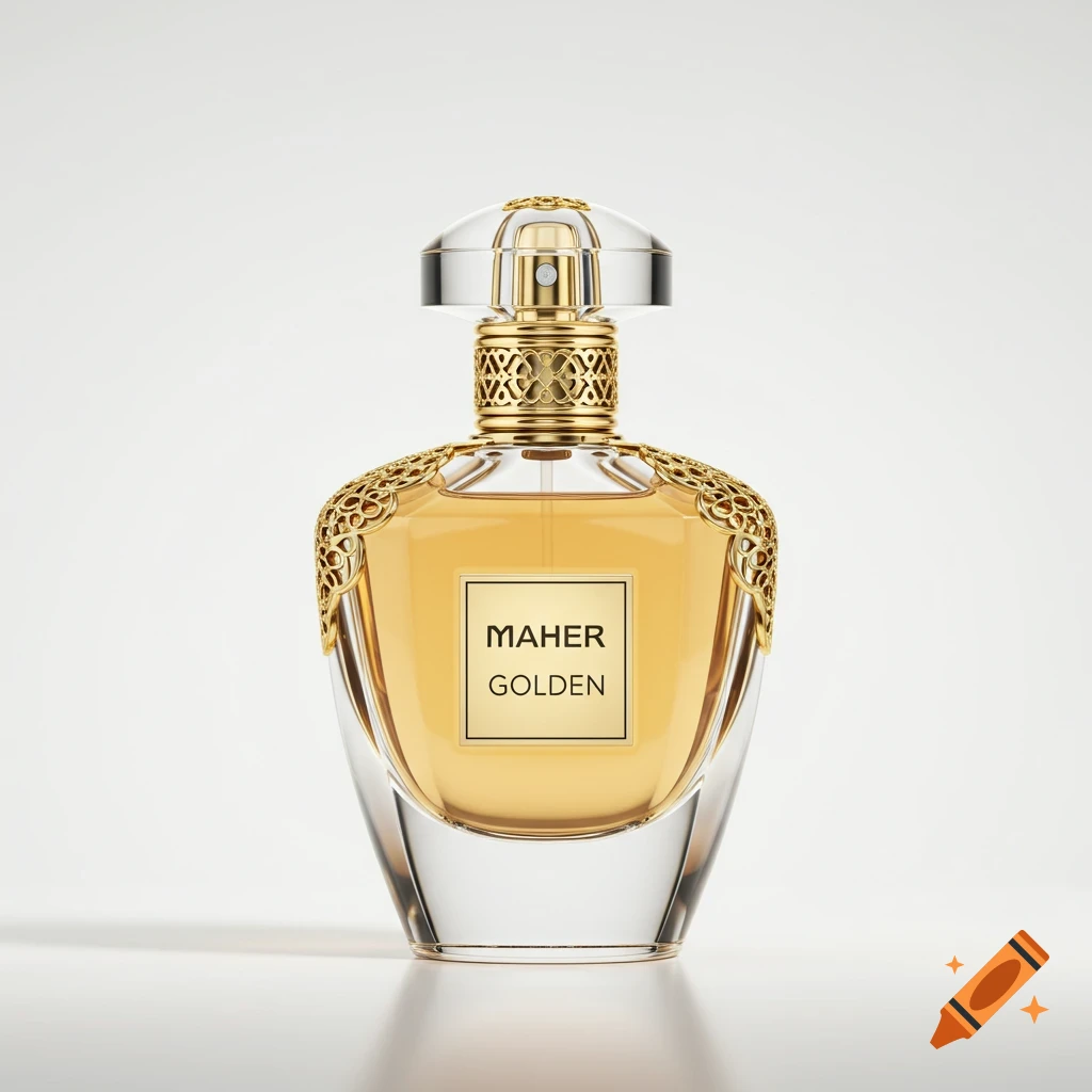 A clear glass perfume bottle with golden liquid and ornate gold details, labeled 'MAHER GOLDEN', on a white background.