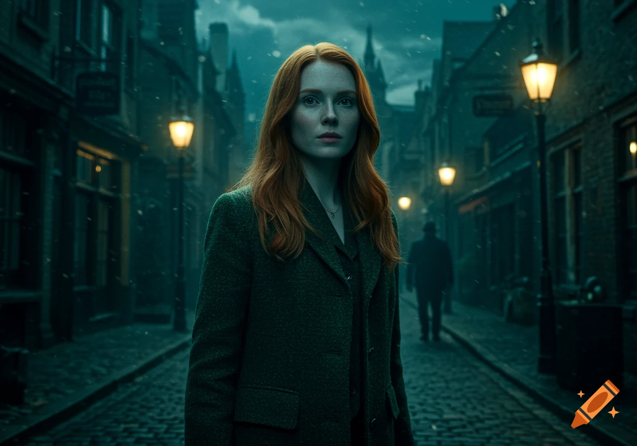 A photorealistic image of a red-haired female investigator in a green tweed jacket with an intense gaze, standing on a cobblestone street at night with vintage streetlights and dark cinematic shadows.