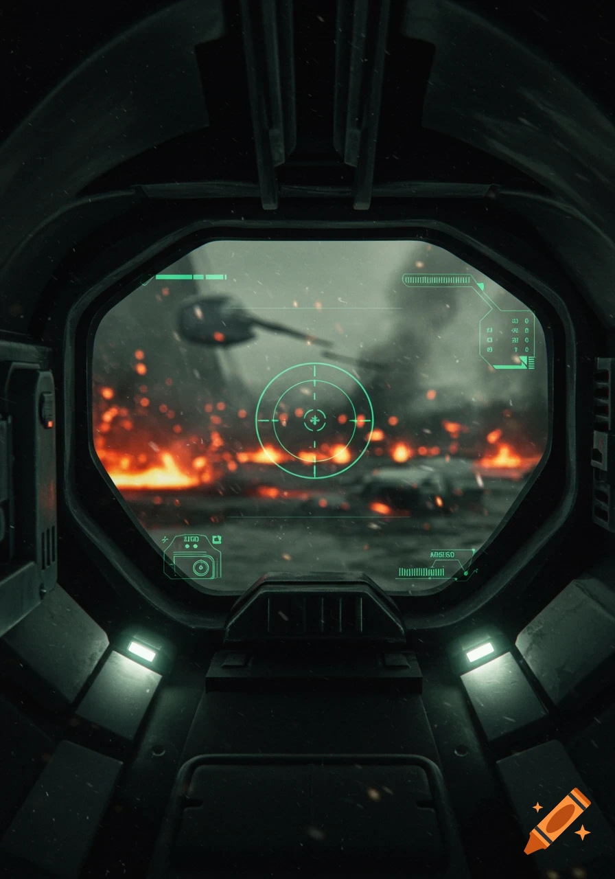First-person view from inside a futuristic helmet, displaying a HUD over a fiery battlefield with explosions and tanks.
