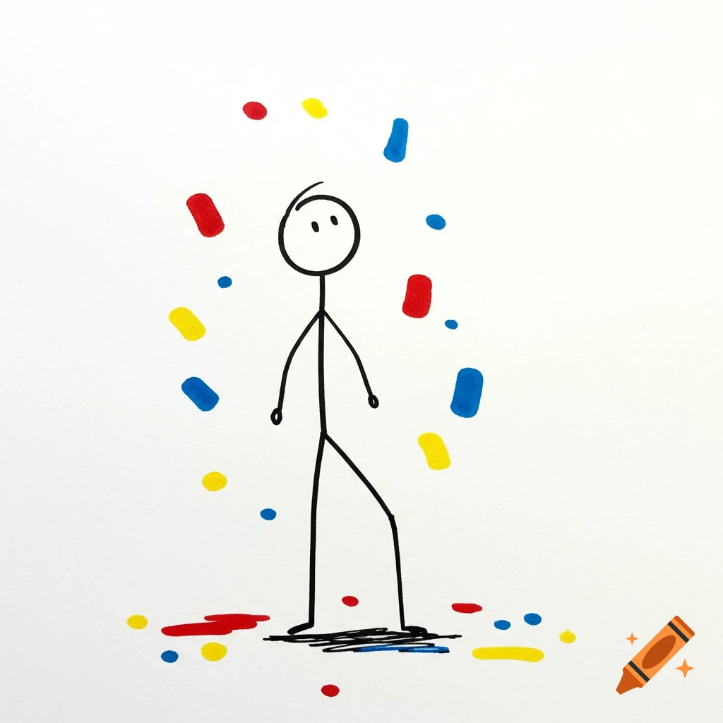 A simple stick figure drawing on a white background with red, yellow, and blue confetti or splatters.