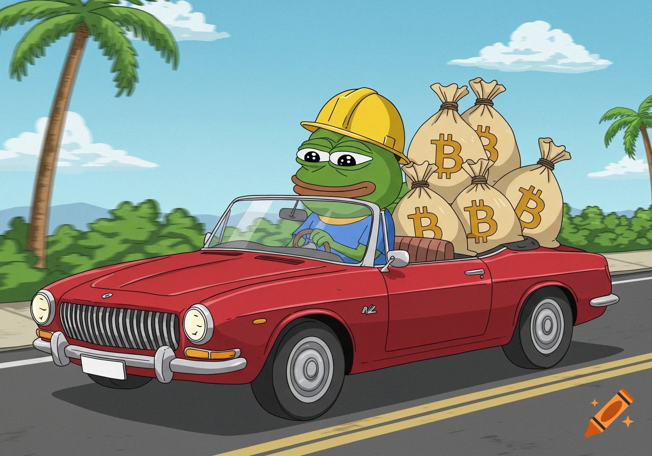 Pepe the frog in a yellow hard hat drives a red convertible car filled with bags of Bitcoin cash on a road with palm trees.