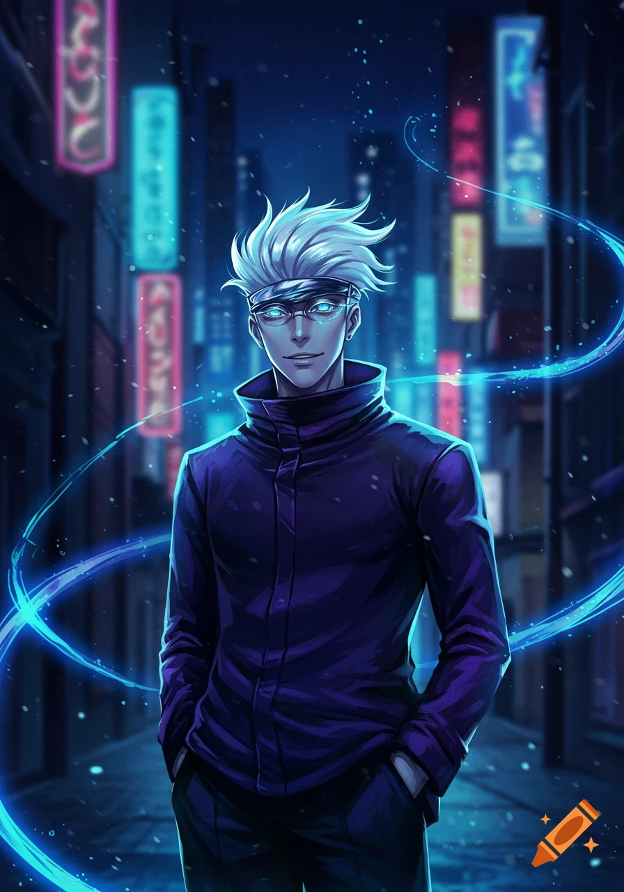 Anime character Gojo Satoru with white hair and glowing blue eyes in a dark, neon-lit city street.