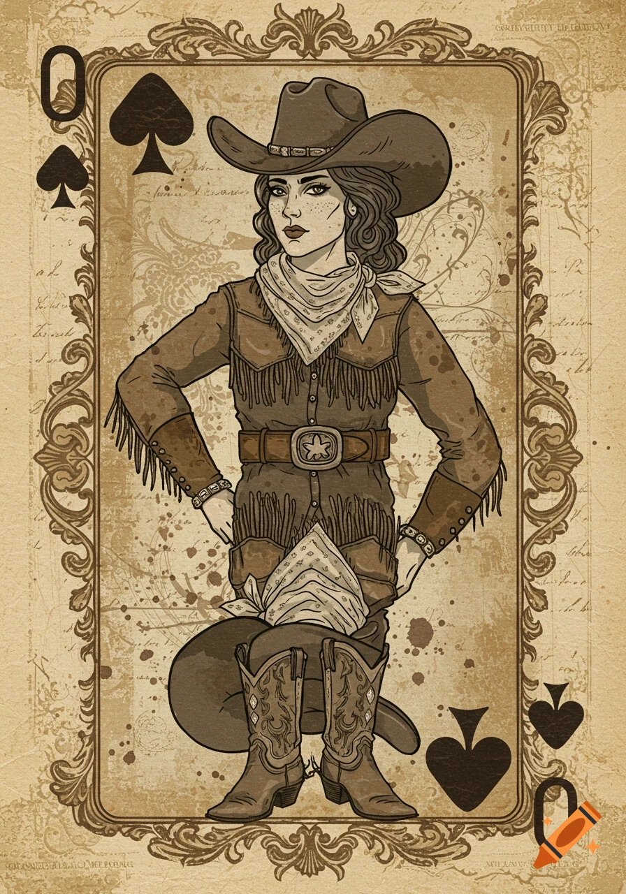 Vintage grunge illustration of a cowgirl on a Queen of Spades playing card.