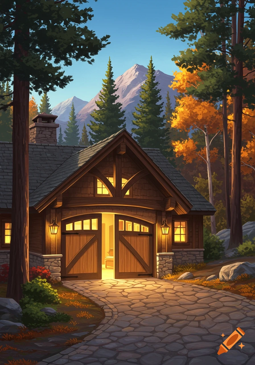 An illustrated mountain home with an open garage and stone driveway, surrounded by trees with autumn foliage and distant mountains.