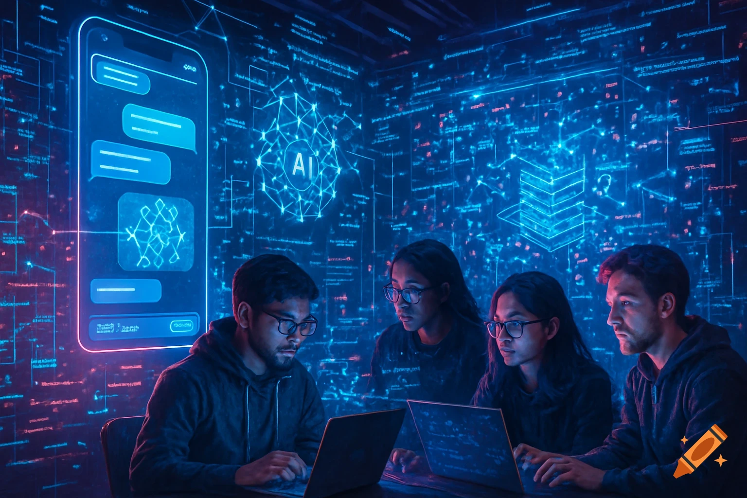 Four people working on laptops in a dark, futuristic room bathed in blue neon light, surrounded by digital data and network patterns, with a large phone display showing a chat interface and a prominent "AI" symbol.