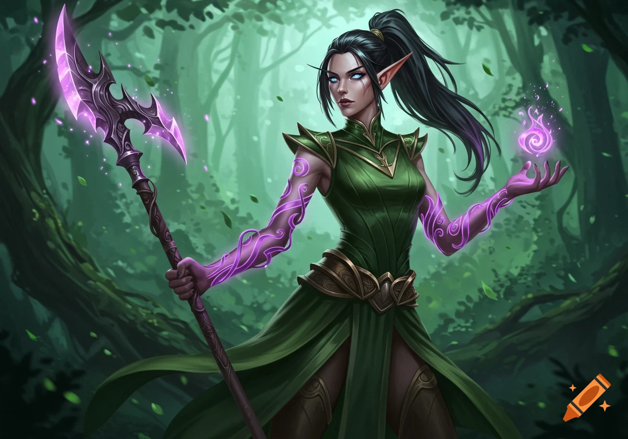 Elven woman with dark hair and blue eyes, wearing a green outfit with purple glowing tattoos, holding a glowing purple polearm in a magical forest.