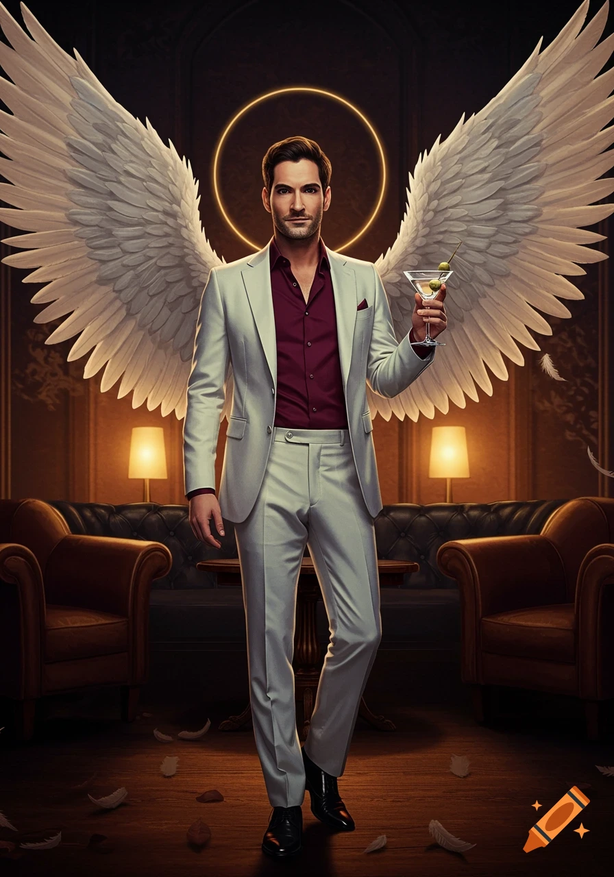 A handsome man resembling Lucifer Morningstar in a white suit and red shirt, with large white wings, holding a martini glass, standing in a luxurious room with leather couches.