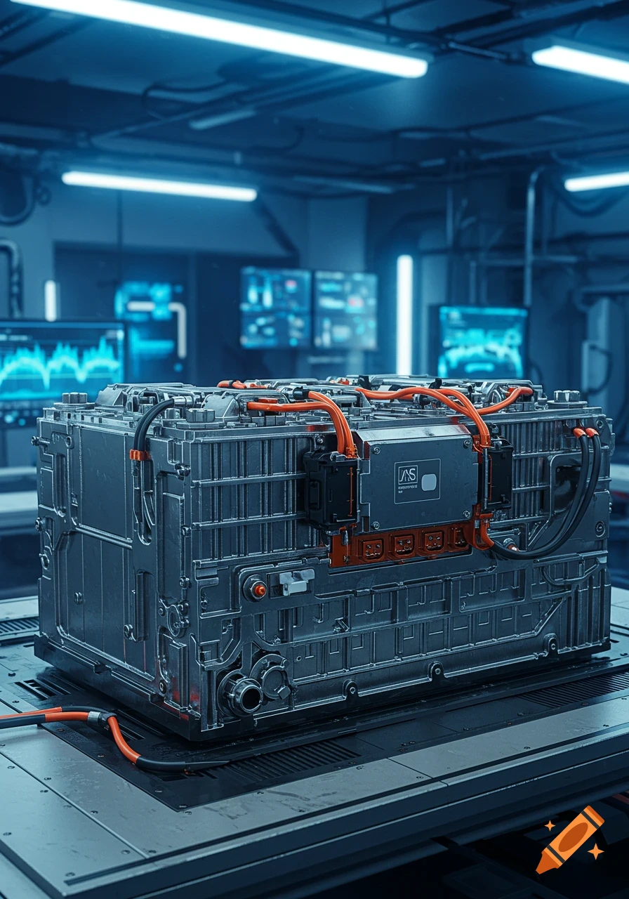 A large, metallic lithium battery pack with orange cables sits on a table in a blue-lit modern laboratory with screens displaying data.