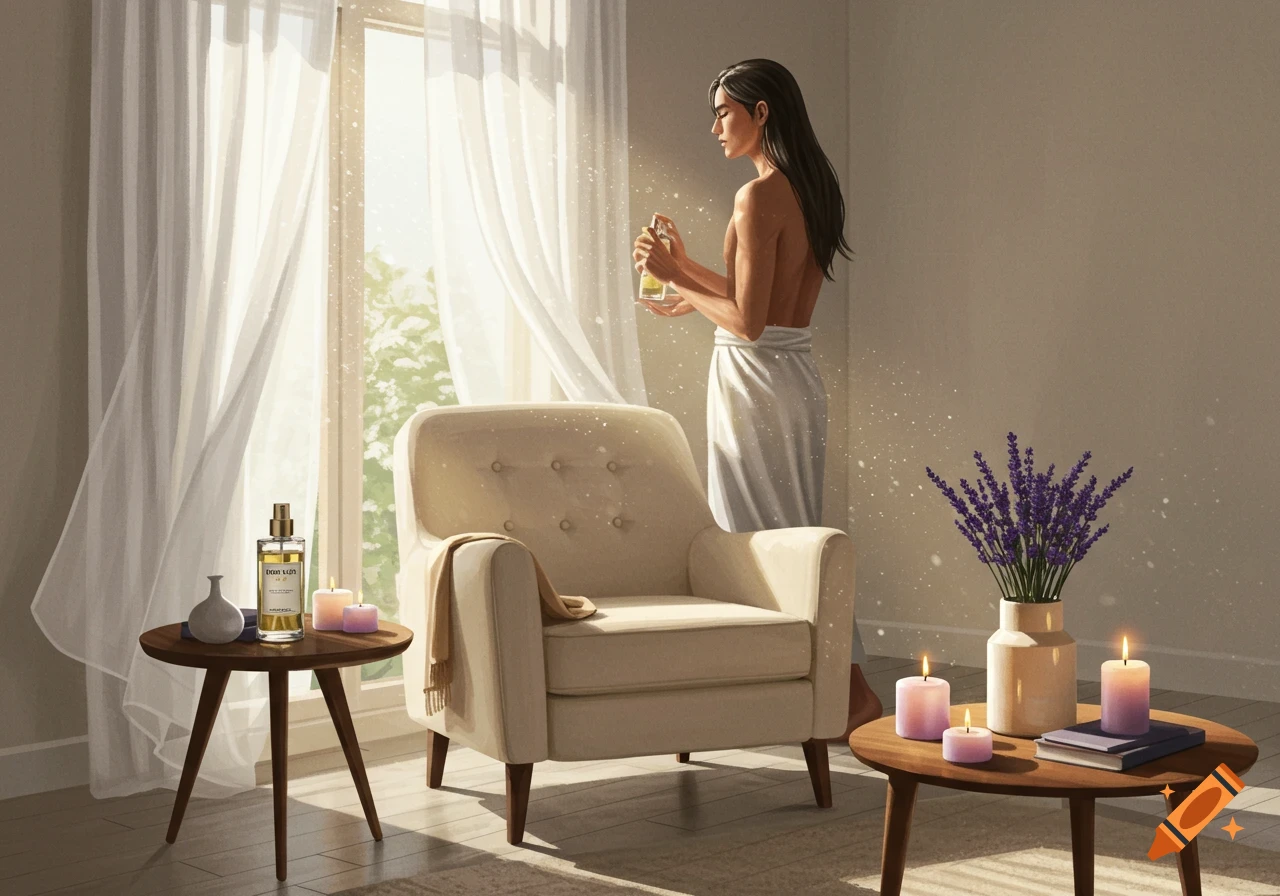 A person in a towel sprays perfume in a sunlit room with an armchair, candles, and lavender.