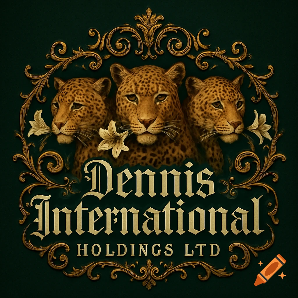 Victorian logo with three leopard heads holding lilies, ornate gold frame, and 'Dennis International HOLDINGS LTD' text.