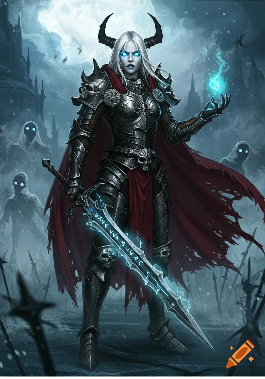 A powerful female death knight with white hair, glowing blue eyes, and horns, in dark armor, holds a glowing runic sword and blue magic in a desolate, snowy landscape.