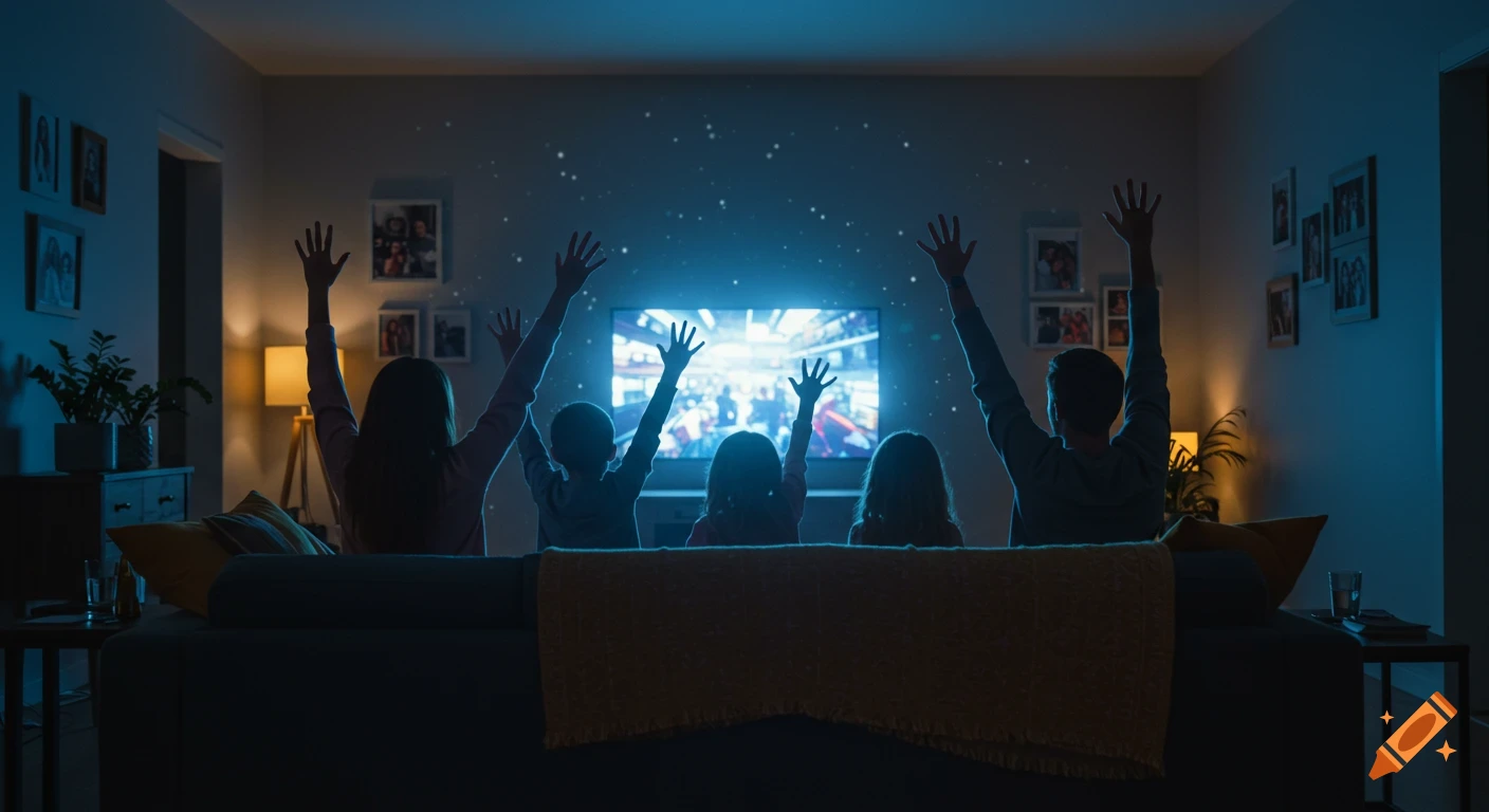Silhouetted family with raised hands cheering while watching a bright TV screen in a dark living room.