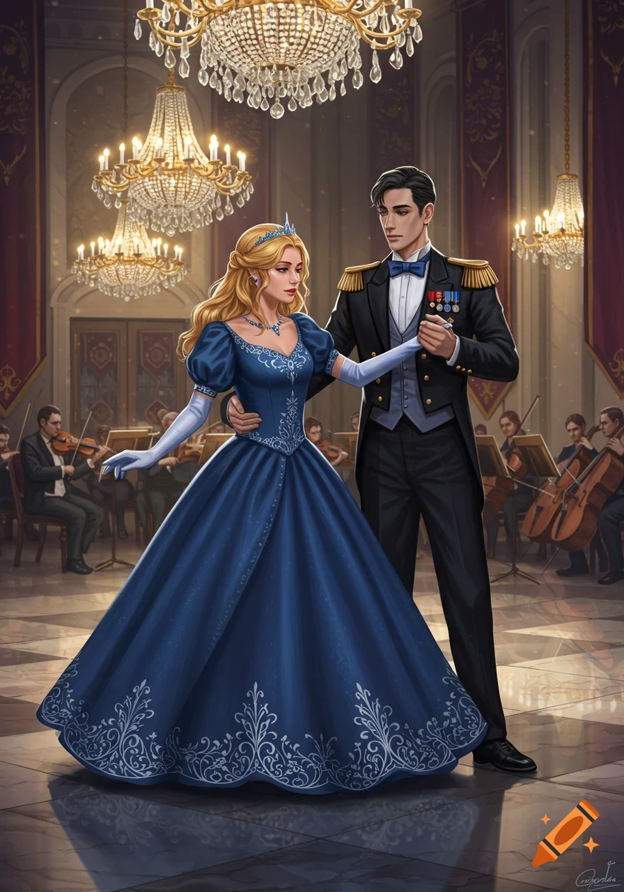 A princess in a blue gown and a guard in a black suit dance in a grand ballroom with chandeliers and an orchestra.