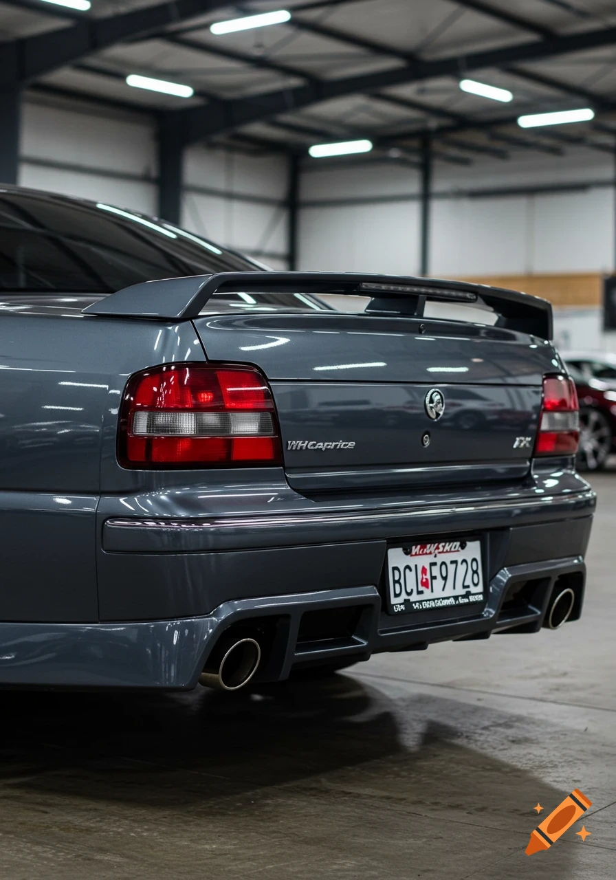 Rear view of a dark grey Holden WH Caprice sedan with a spoiler, red tail lights, and a license plate, indoors.