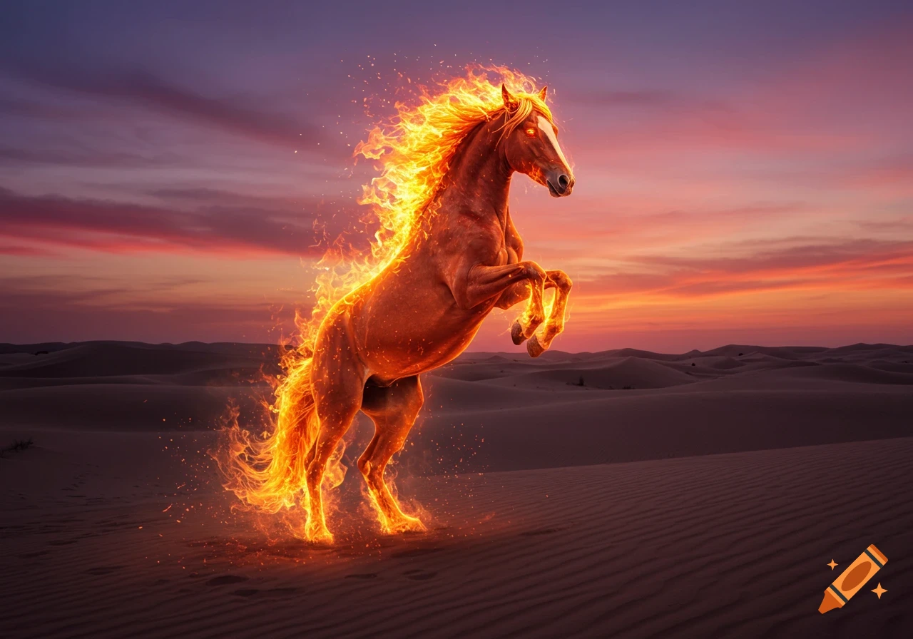 A fiery horse rears up on its hind legs in a desert at sunset.