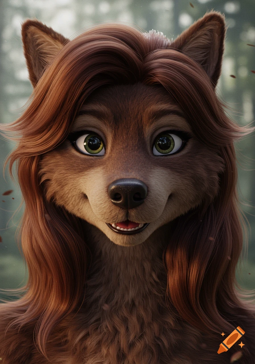 A smiling anthropomorphic female brown wolf character with long red-brown hair, rendered in 3D.