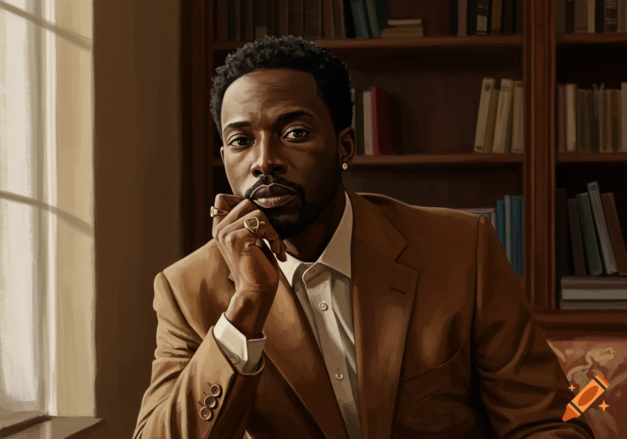 Stylized portrait of an African American man in a brown suit, sitting in a study with a bookshelf, hand on chin.
