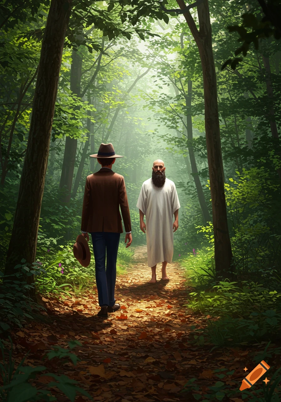 A man in a suit walks on a sunlit forest path, looking at a barefoot man in a white robe with a long beard. Photorealistic style.