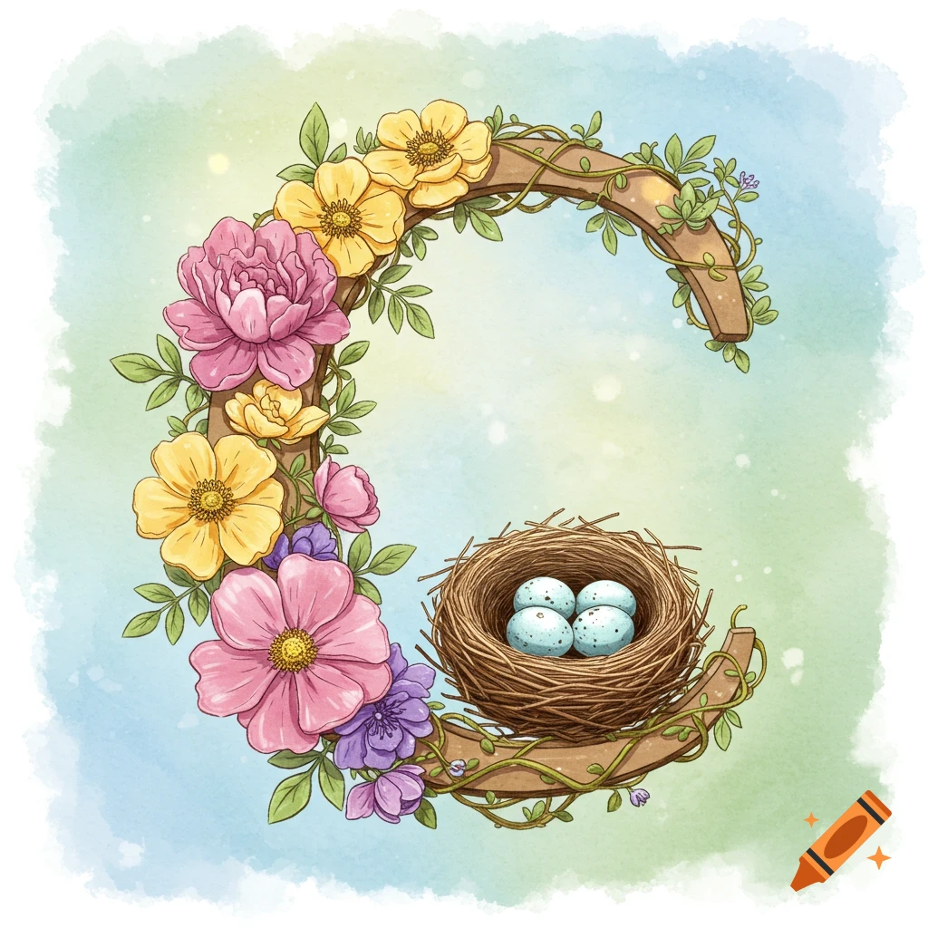 A watercolor illustration of a capital letter C made of branches, adorned with colorful flowers and green leaves, with a bird's nest holding blue eggs inside its curve.