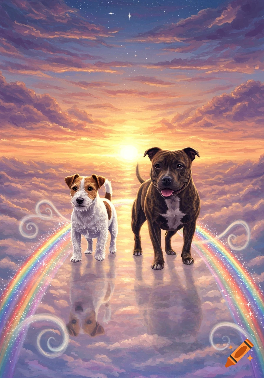 A Jack Russell and a brindle Staffie dog walk on a rainbow bridge over clouds towards a vibrant sunset, in an illustrative style.