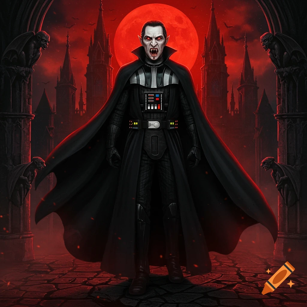 A menacing Darth Vader-Dracula hybrid stands before a gothic castle under a giant red moon, flanked by gargoyles in a dark fantasy digital art style.