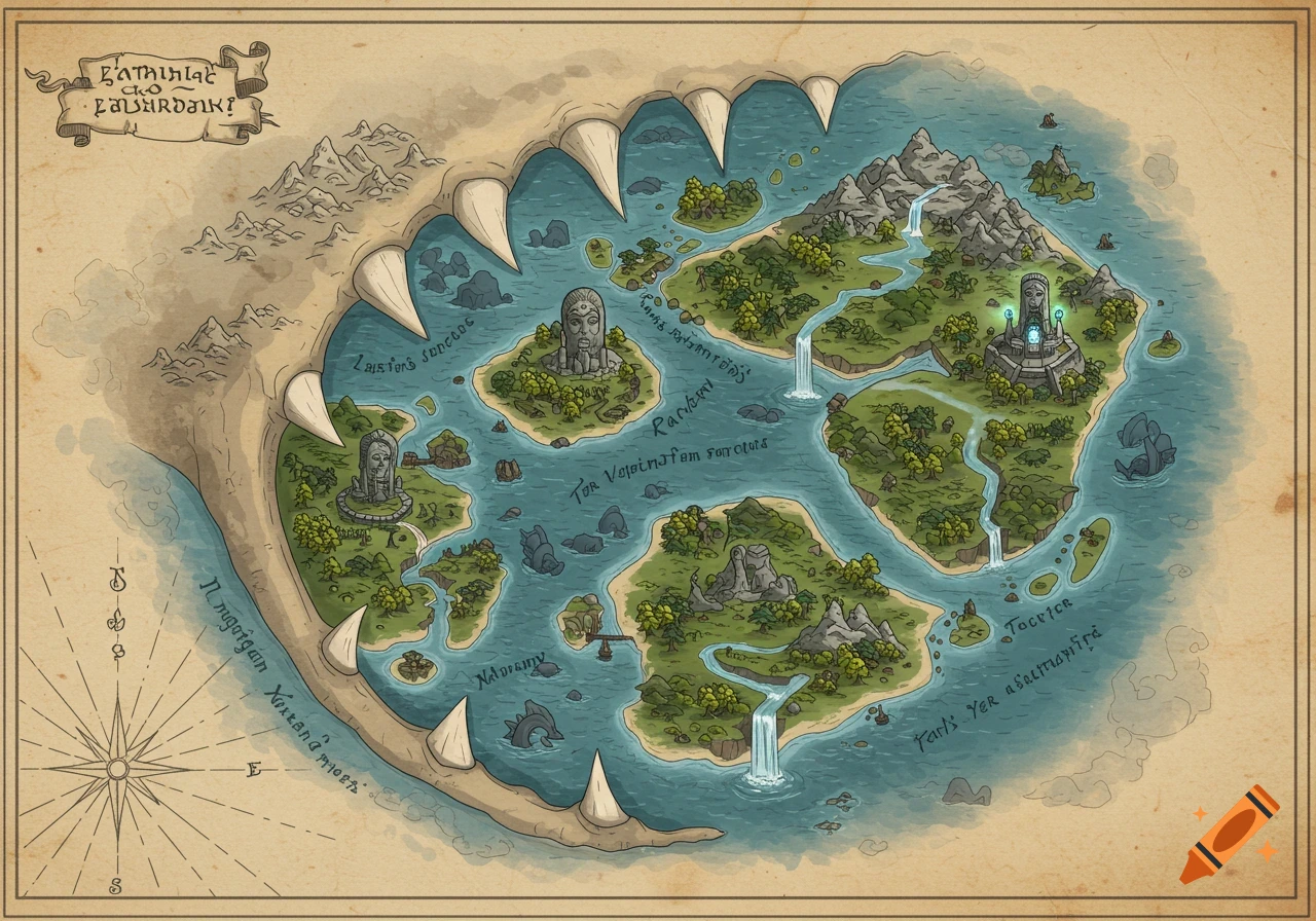A detailed fantasy world map with islands forming the shape of a large bite mark, featuring mountains, waterfalls, forests, and ancient structures.