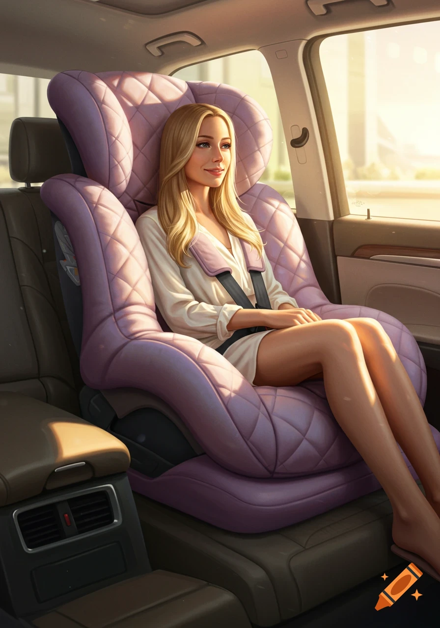 A blonde woman in a white dress sits in an oversized purple car seat inside a car, looking out the window.