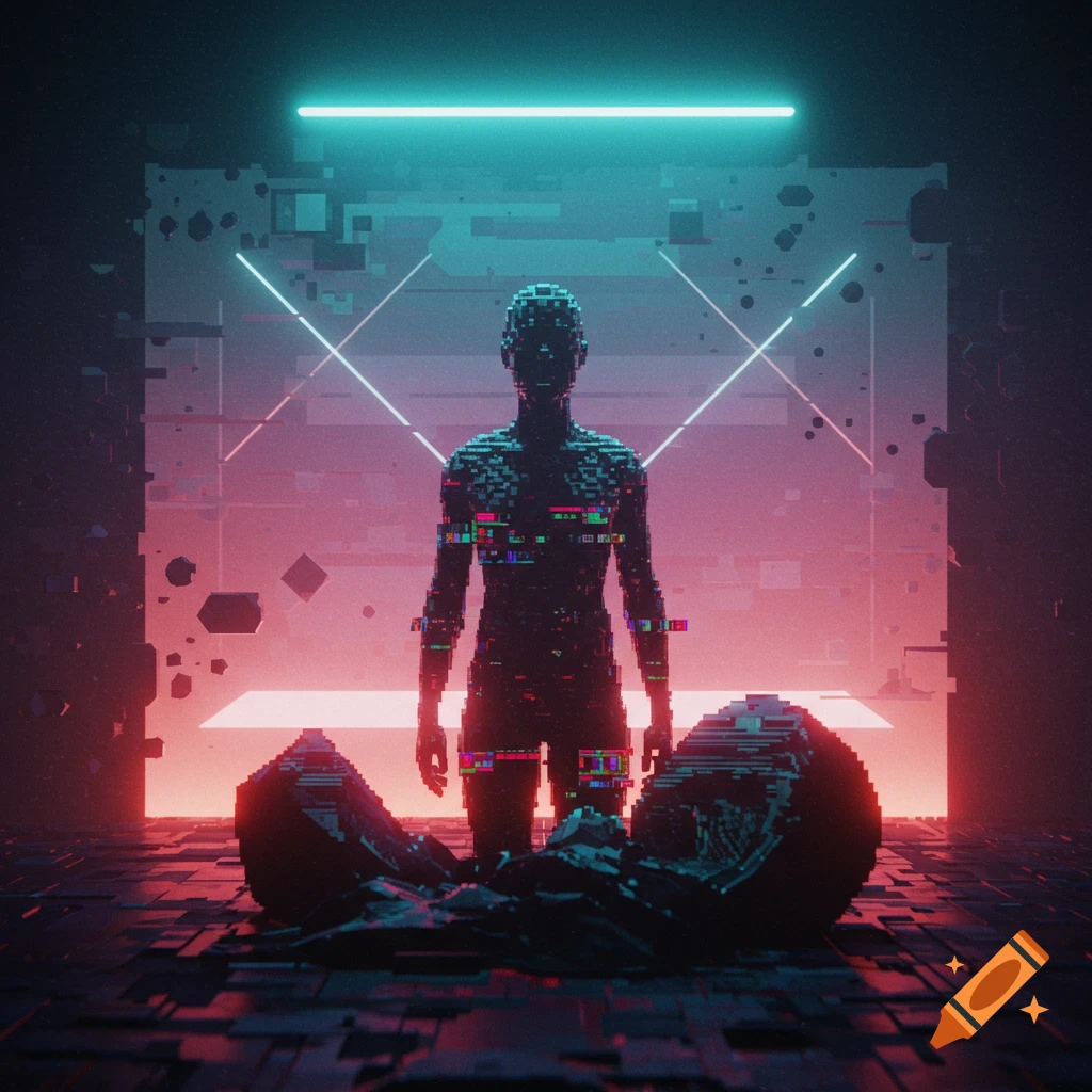 A pixelated, glitching humanoid figure stands in a dark, neon-lit room with abstract lines and glowing light, digital art style.