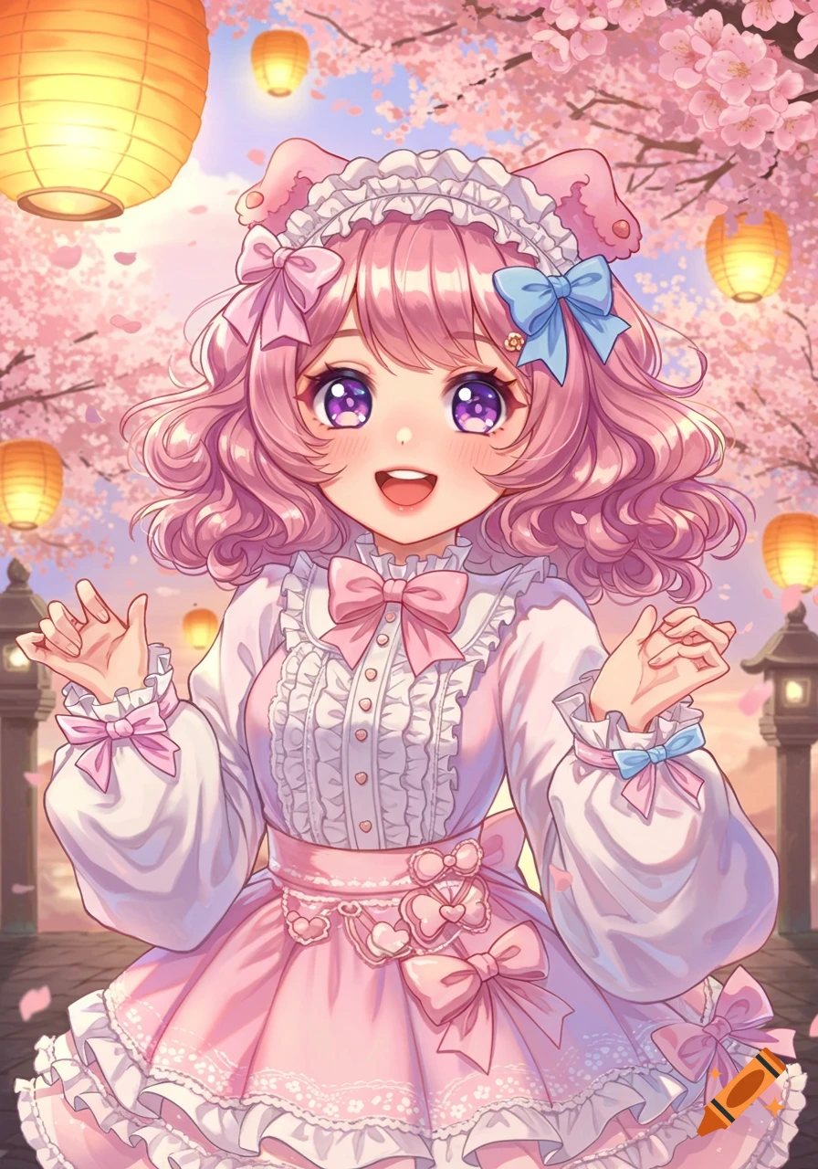 A cute anime girl with pink hair and purple eyes, wearing a pink lolita dress, standing among cherry blossoms and lanterns.
