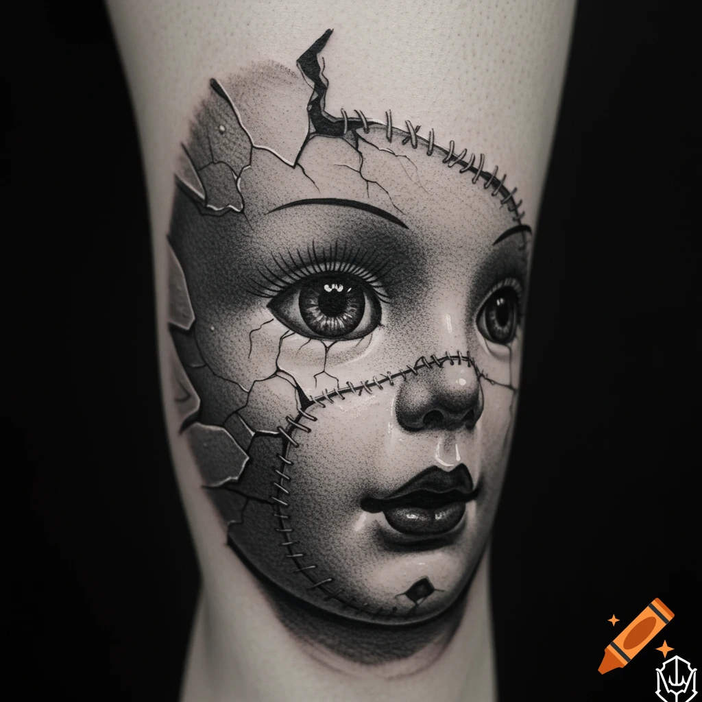 Black and white tattoo of a cracked porcelain doll's face with stitches on a leg, rendered in a detailed, photorealistic style.