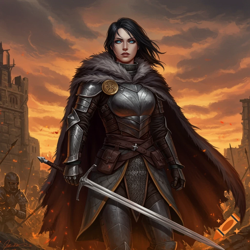 A female warrior in dark armor and a fur-lined cape stands on a battlefield at sunset, holding a sword.