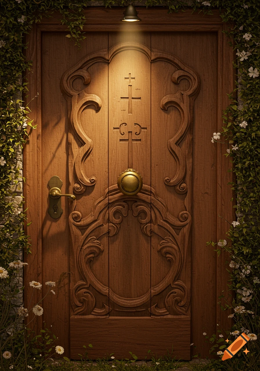 An ornate wooden door with intricate carvings and a brass doorknob, surrounded by green vines and white flowers, lit by an overhead lamp.