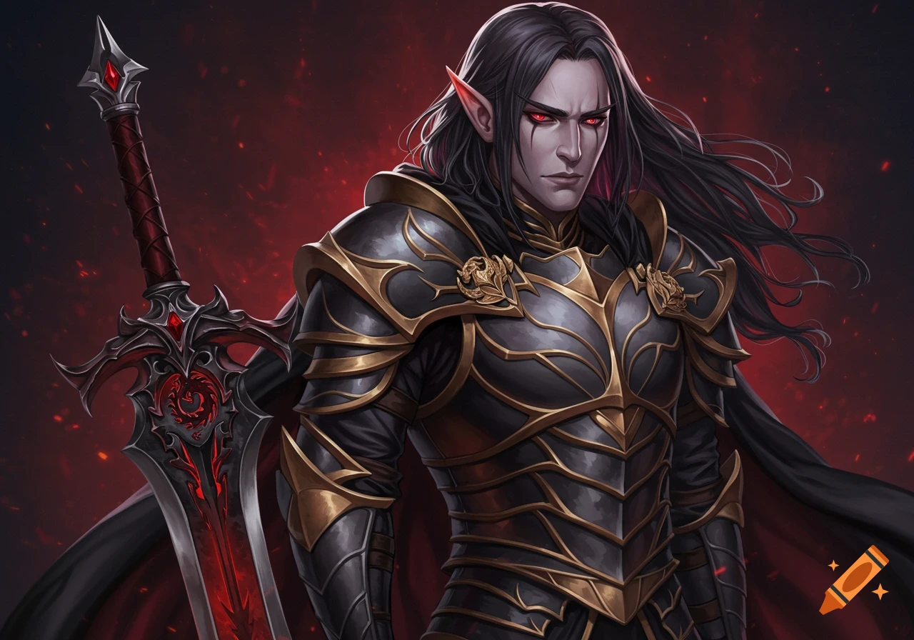 A male fantasy character with long black hair, grey skin, red eyes, and elf ears, wearing ornate black and gold armor, holding a sword, against a red background.
