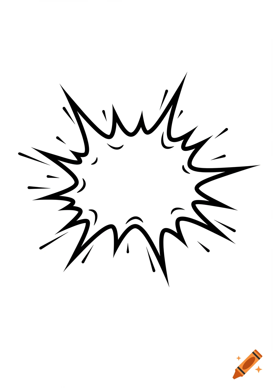 A black and white cartoon explosion graphic with a clear, empty center on a white background.