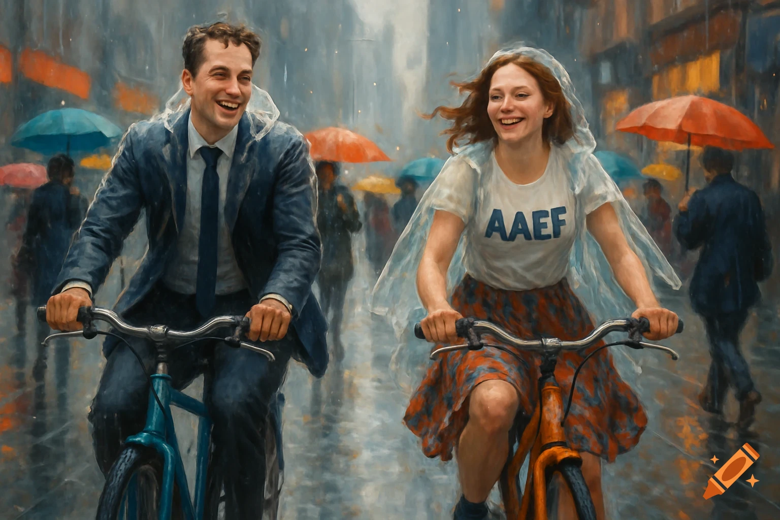 A man and woman smiling while riding bicycles in a rainy city street, surrounded by people with umbrellas, in a painterly style.
