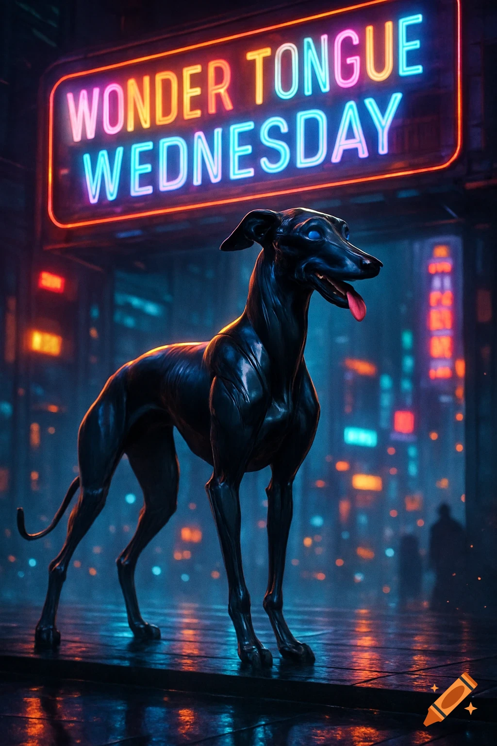 A sleek black greyhound stands on a wet street in a neon-lit cyberpunk city, beneath a glowing sign that reads "WONDER TONGUE WEDNESDAY."