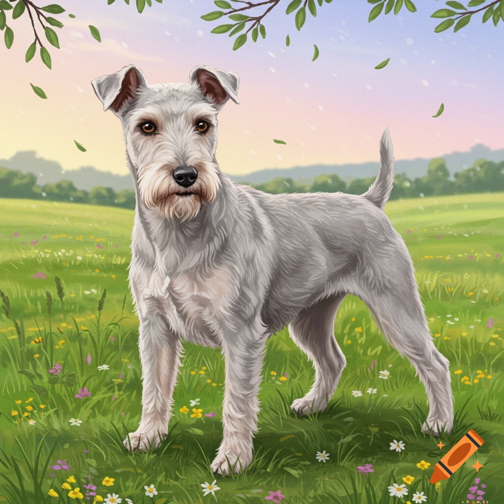 An illustration of a light gray terrier-like dog with cropped ears standing in a field of wildflowers under a pastel sky.