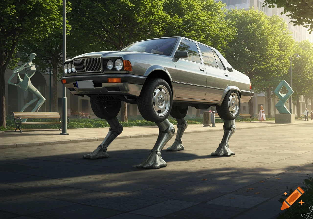 Photorealistic image of a silver sedan with metallic robotic legs instead of wheels, walking on a city sidewalk.