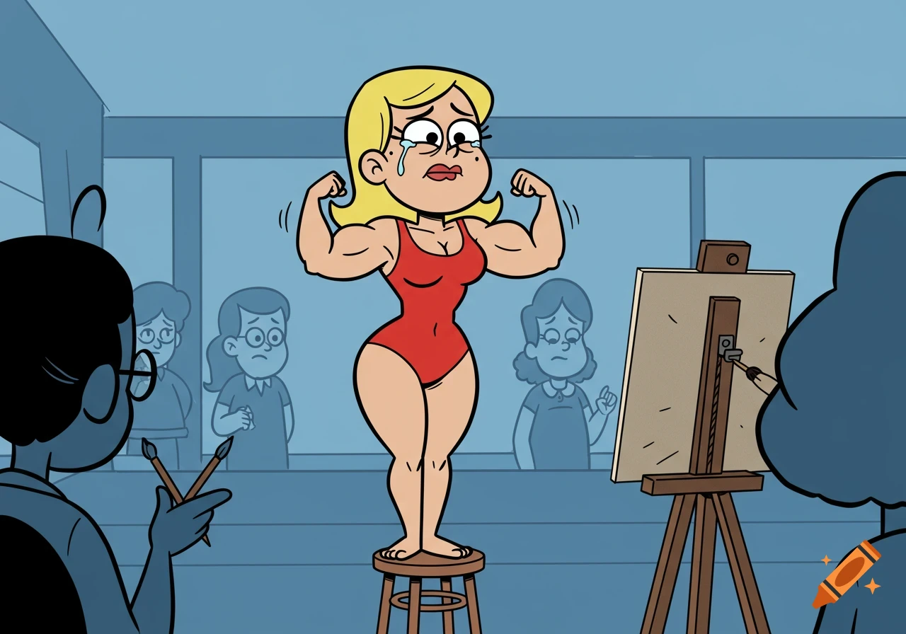 Cartoon of a muscular blonde woman in a red swimsuit crying while flexing for an art class.