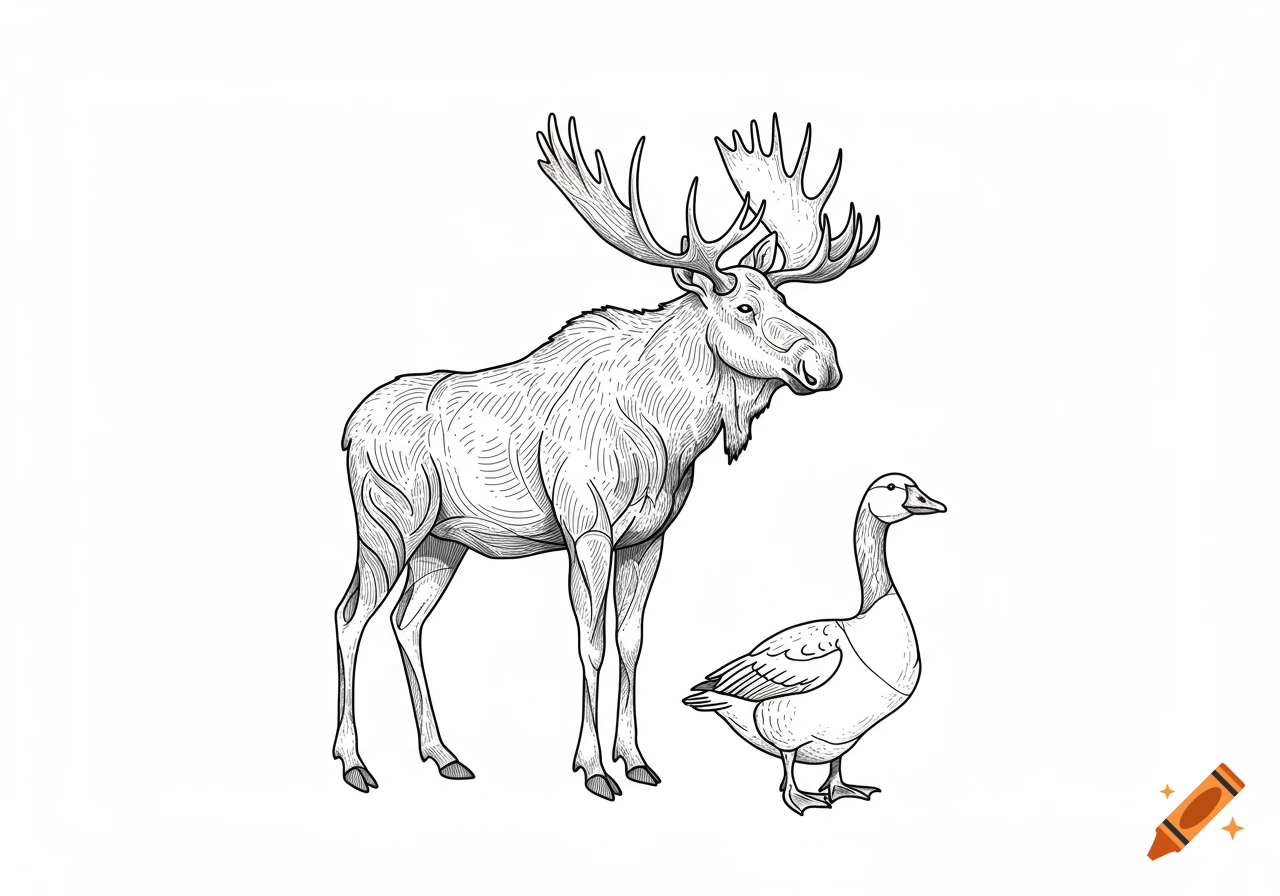 A detailed line art drawing of a large moose standing next to a goose on a white background.
