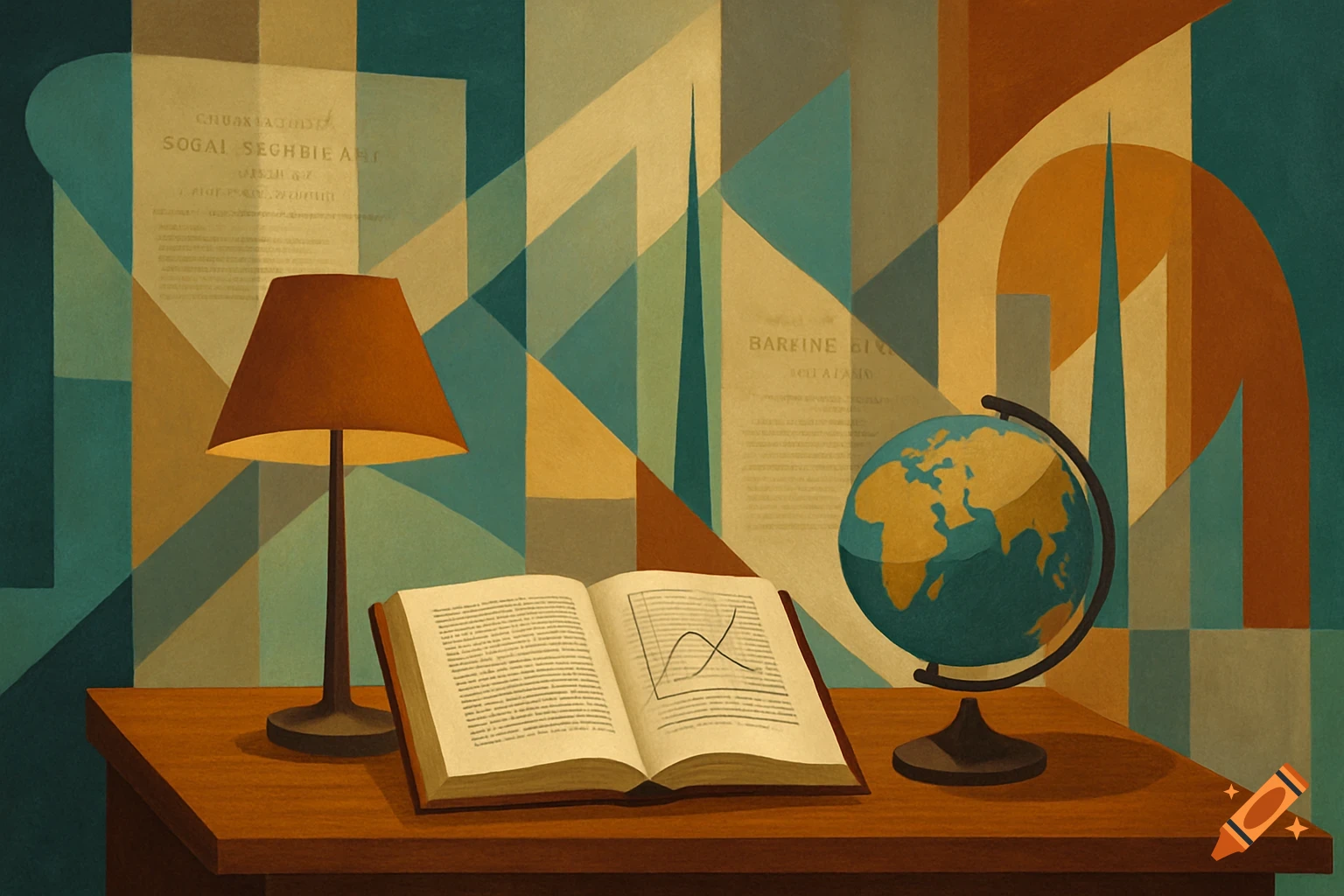 Still life with a lamp, open book, and globe on a table against a geometric background in a mid-century modern style.