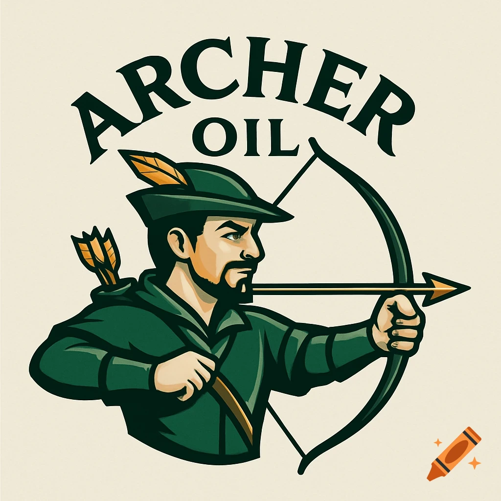 A green and beige logo features a cartoon man in a Robin Hood hat drawing a bow and arrow, with 'ARCHER OIL' text above him.
